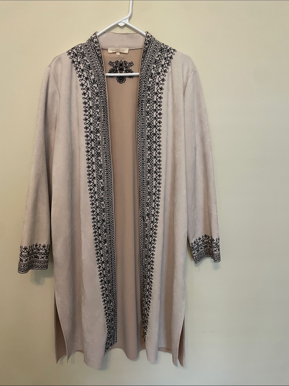 Solitaire Blush Faux-suede Open-Front Jacket with Black Embroidery